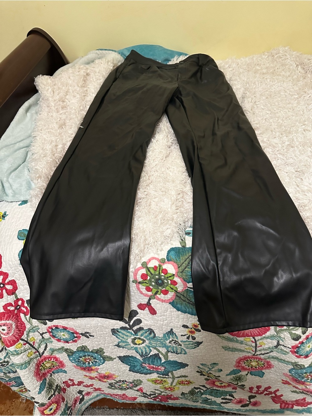 Wide Leg Faux Leather Pants - Black
